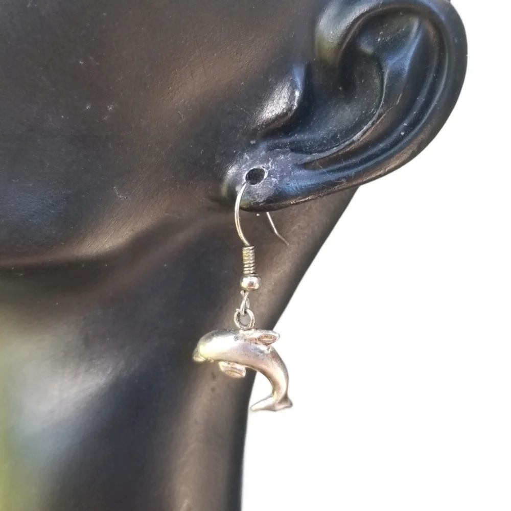 VINTAGE STERLING SILVER DOLPHIN DROP HOOK EARRINGS - Picture 2 of 4